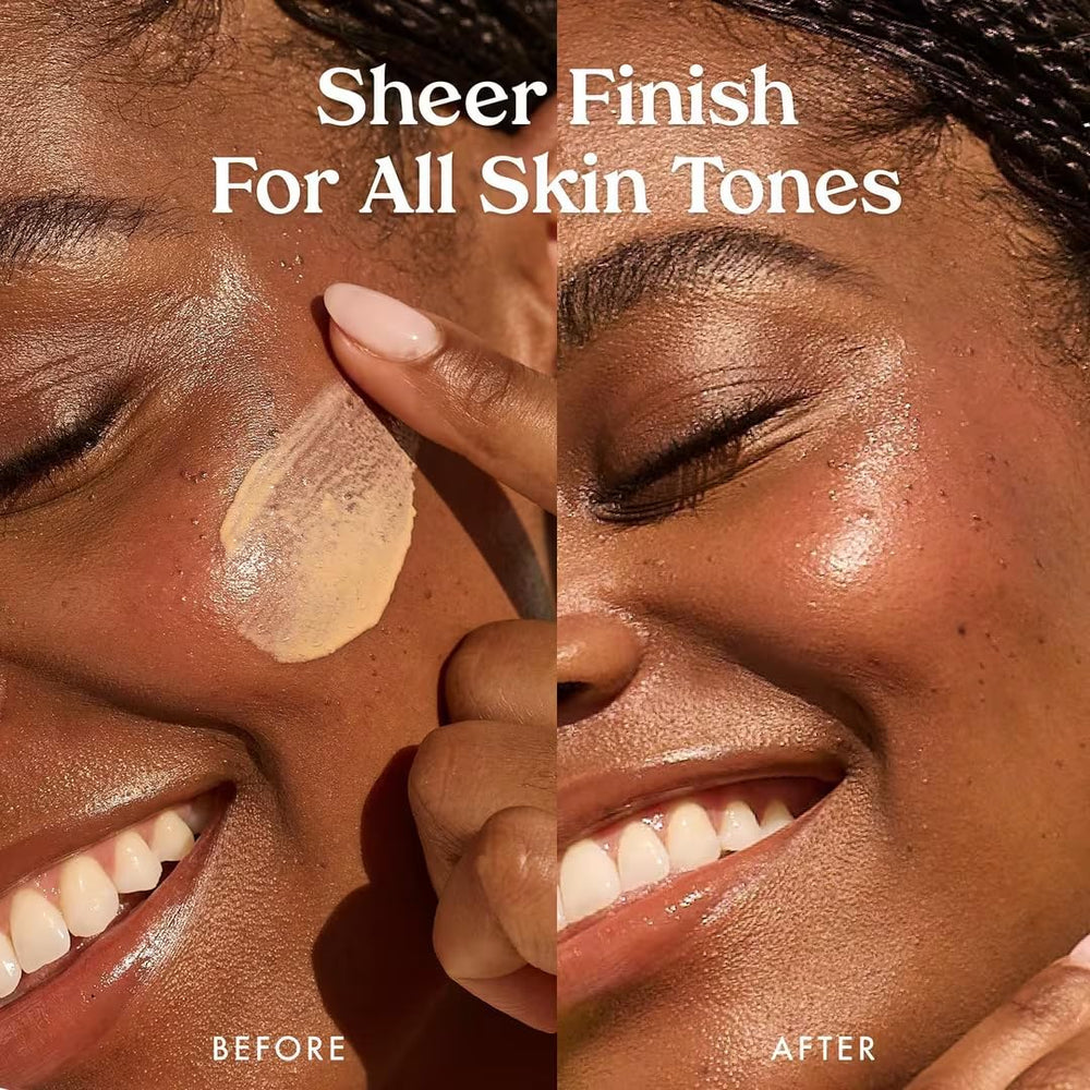 Kopari Bright as Day application on cheek reveals a sheer glow finish