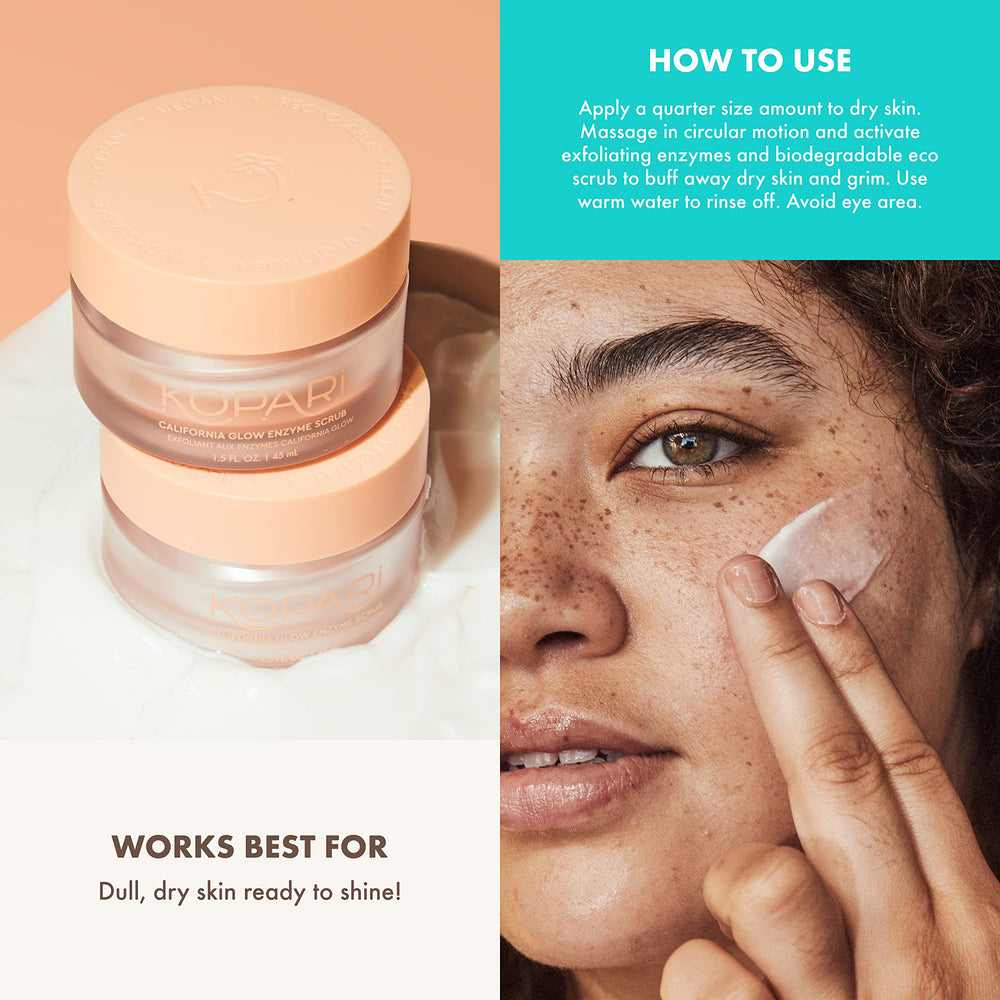 Kopari application with fingers shows easy, even scrubbing for brightness