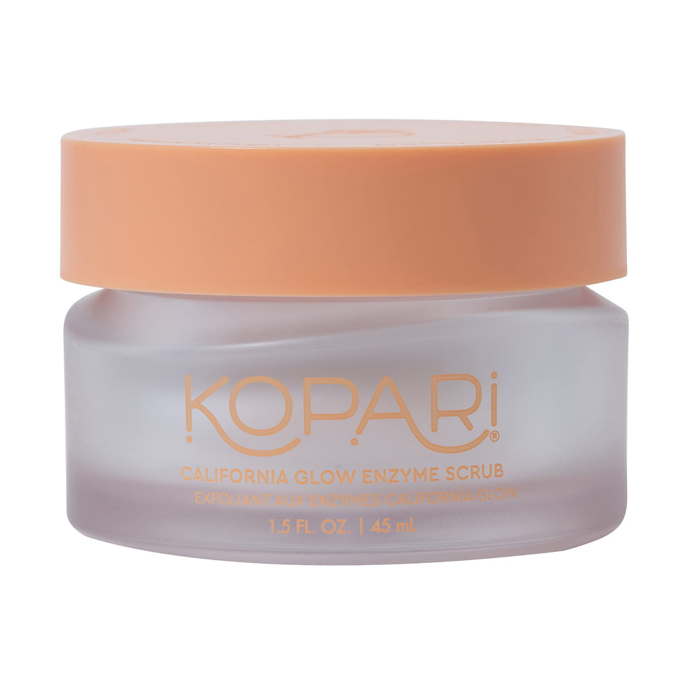Kopari California Glow Enzyme Scrub bottle demonstrates gentle exfoliation for glow