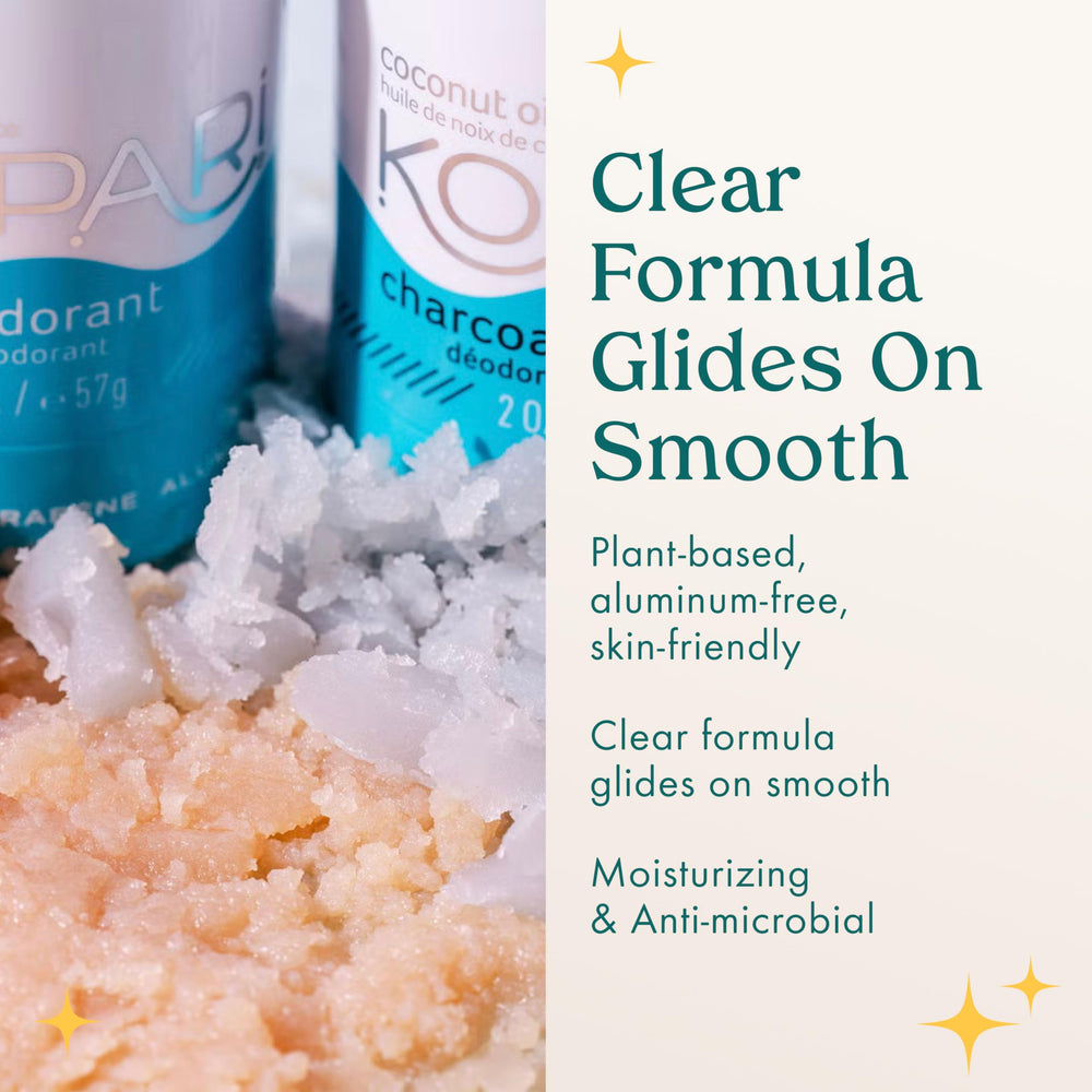 Kopari coconut deodorant ingredients image emphasizes coconut oil and plant-based protection.