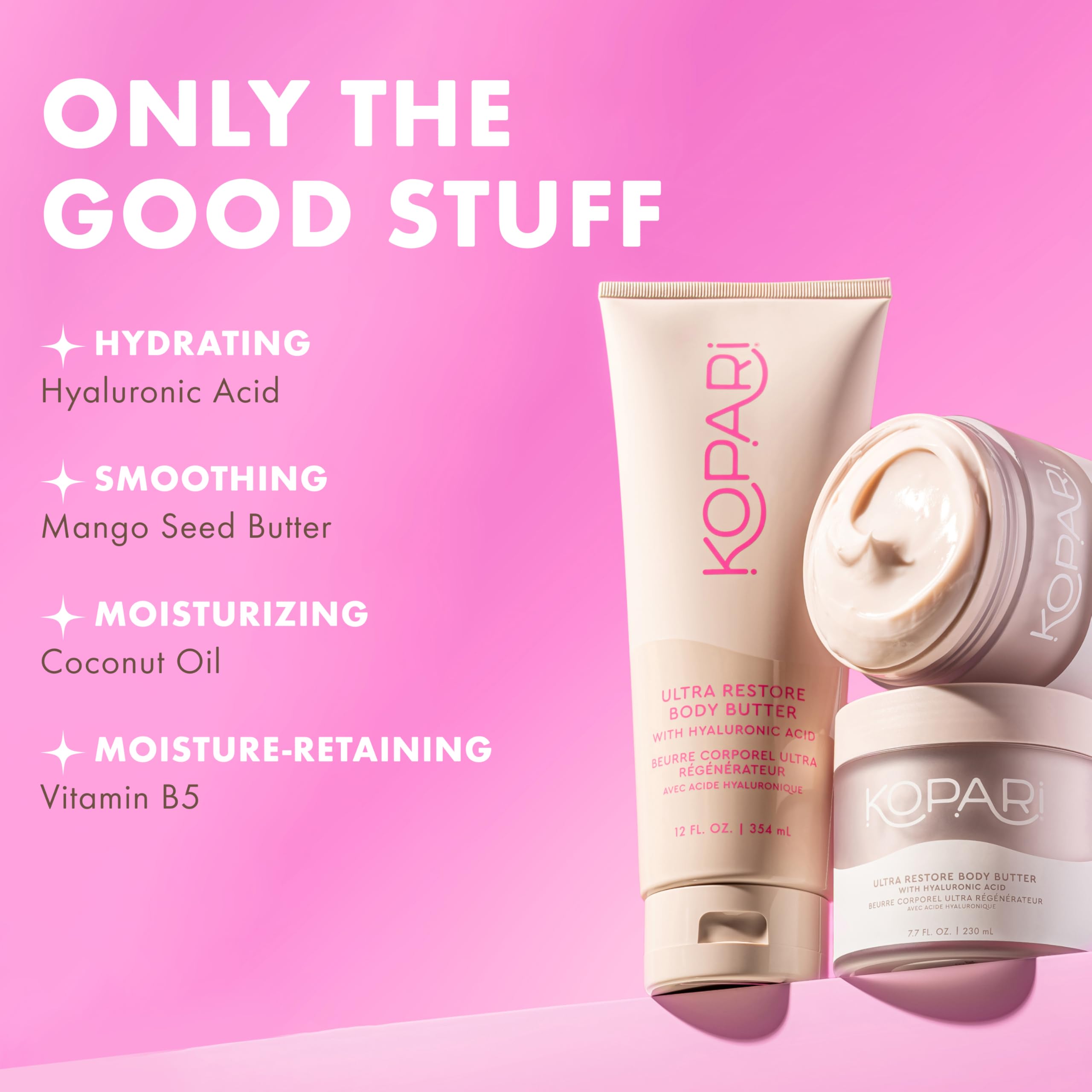 Kopari coconut-scented body butter gliding over skin with tropical aroma.