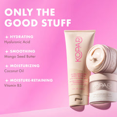 Kopari coconut-scented body butter gliding over skin with tropical aroma.