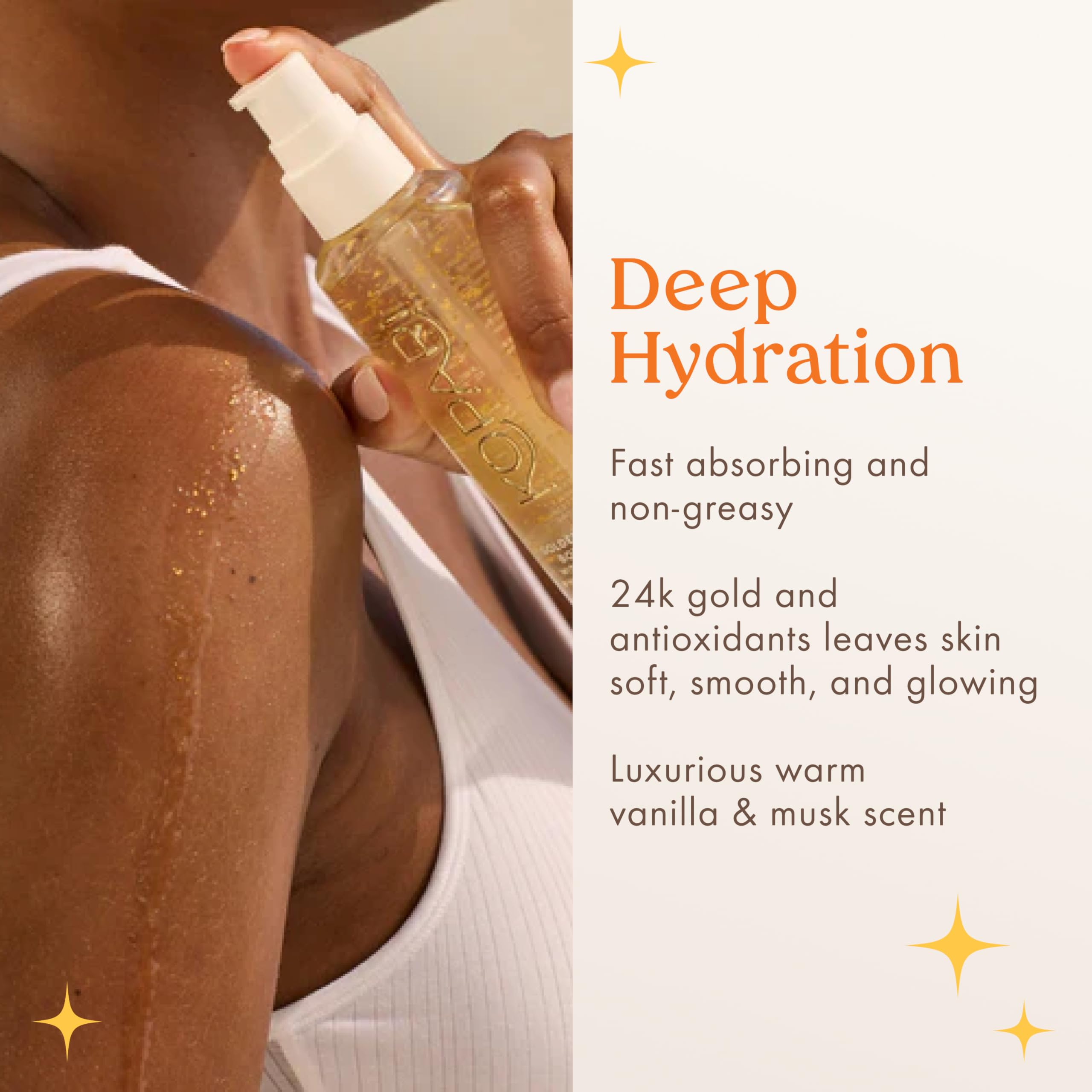 Kopari Golden Aura gold shimmer on skin suggests luminous, non-greasy finish.