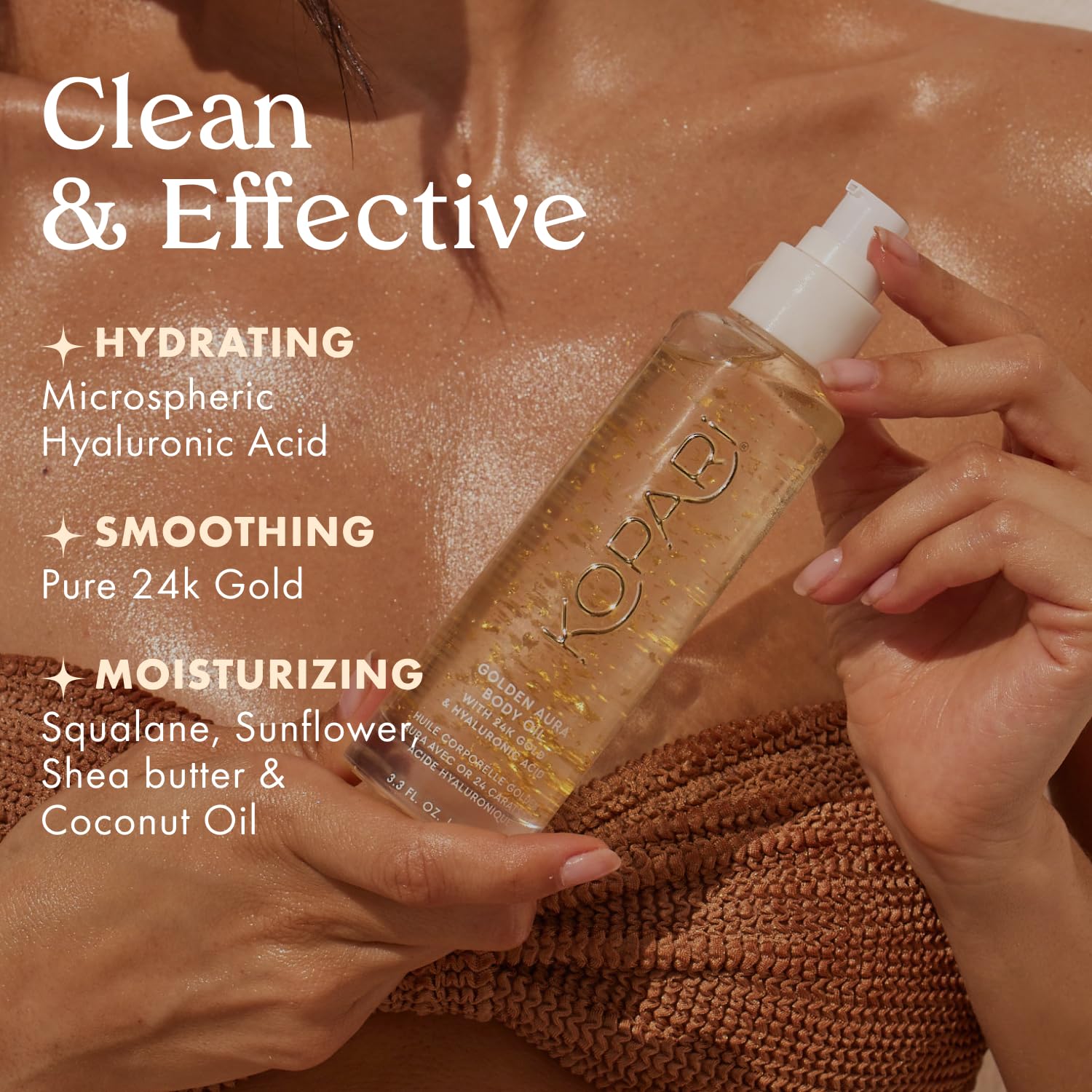 Kopari Golden Aura hyaluronic acid detail highlights deep hydration potential.