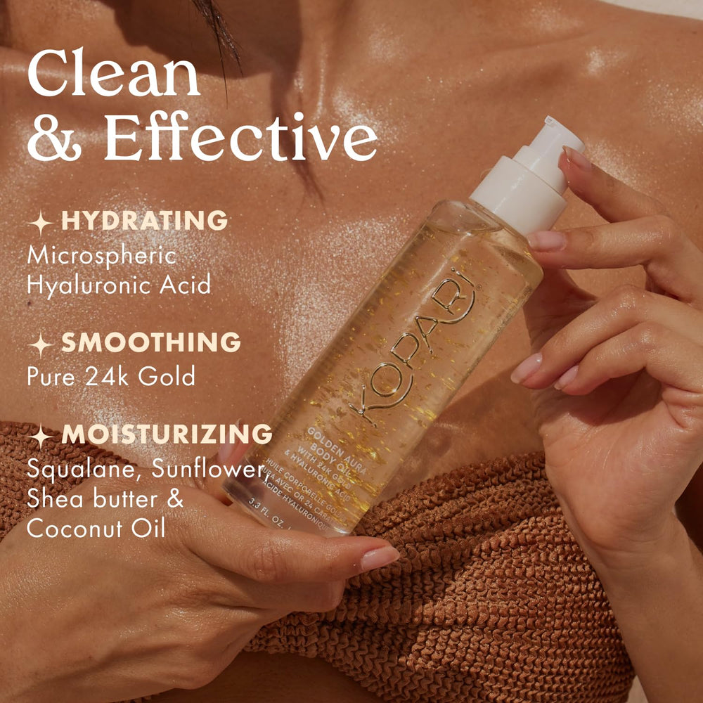 Kopari Golden Aura hyaluronic acid detail highlights deep hydration potential.