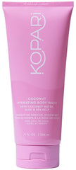 Kopari Hydrating Body Wash bottle close-up showcases vegan formula with organic coconut oil.