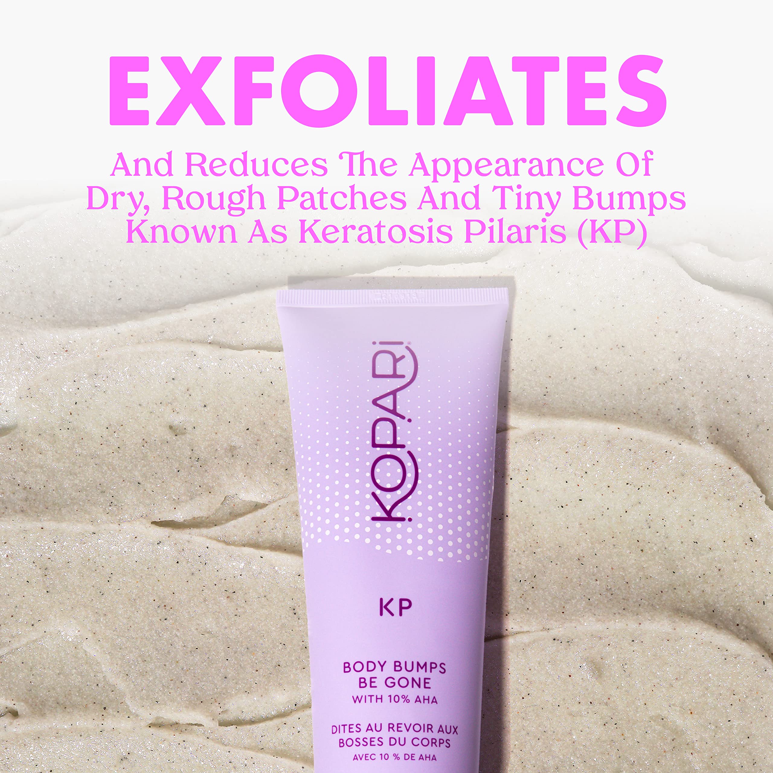 Kopari KP Body Bumps Be Gone exfoliating scrub bottle highlighting 10% AHA for gentle exfoliation.