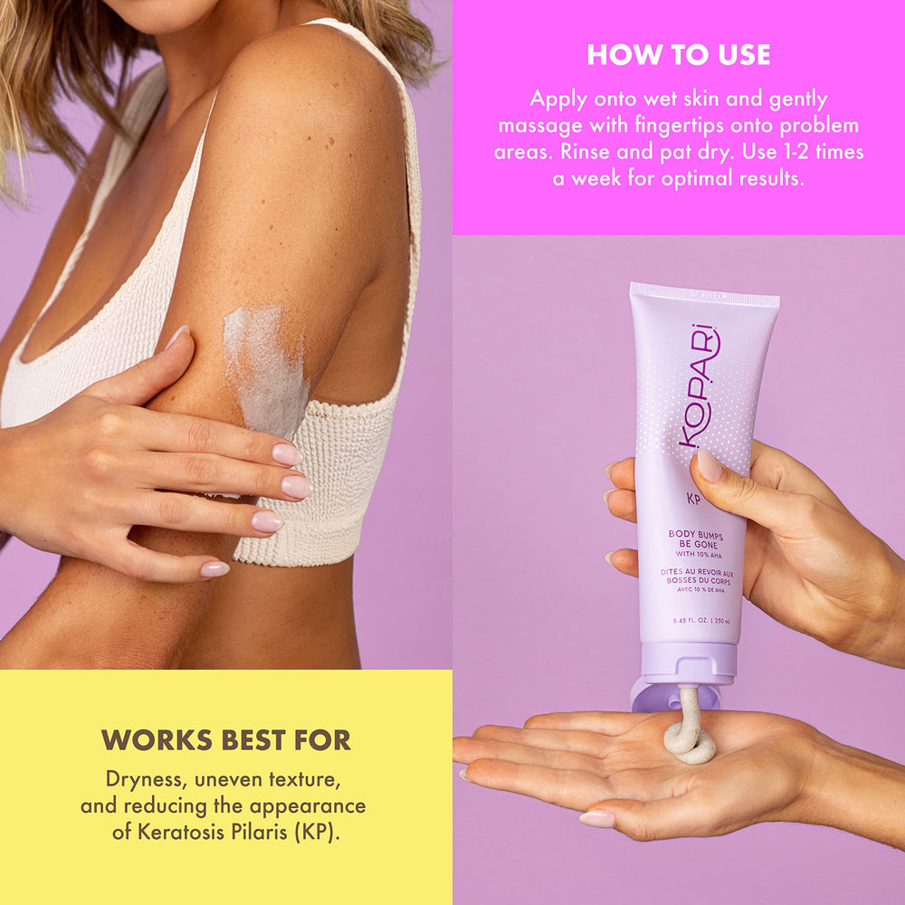 Kopari KP Body Bumps Be Gone rinse-off action on wet skin during a shower routine.