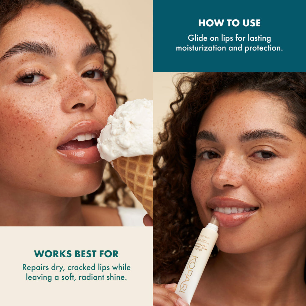 Kopari Lip Love butter-rich blend glides on smoothly for instant moisture.