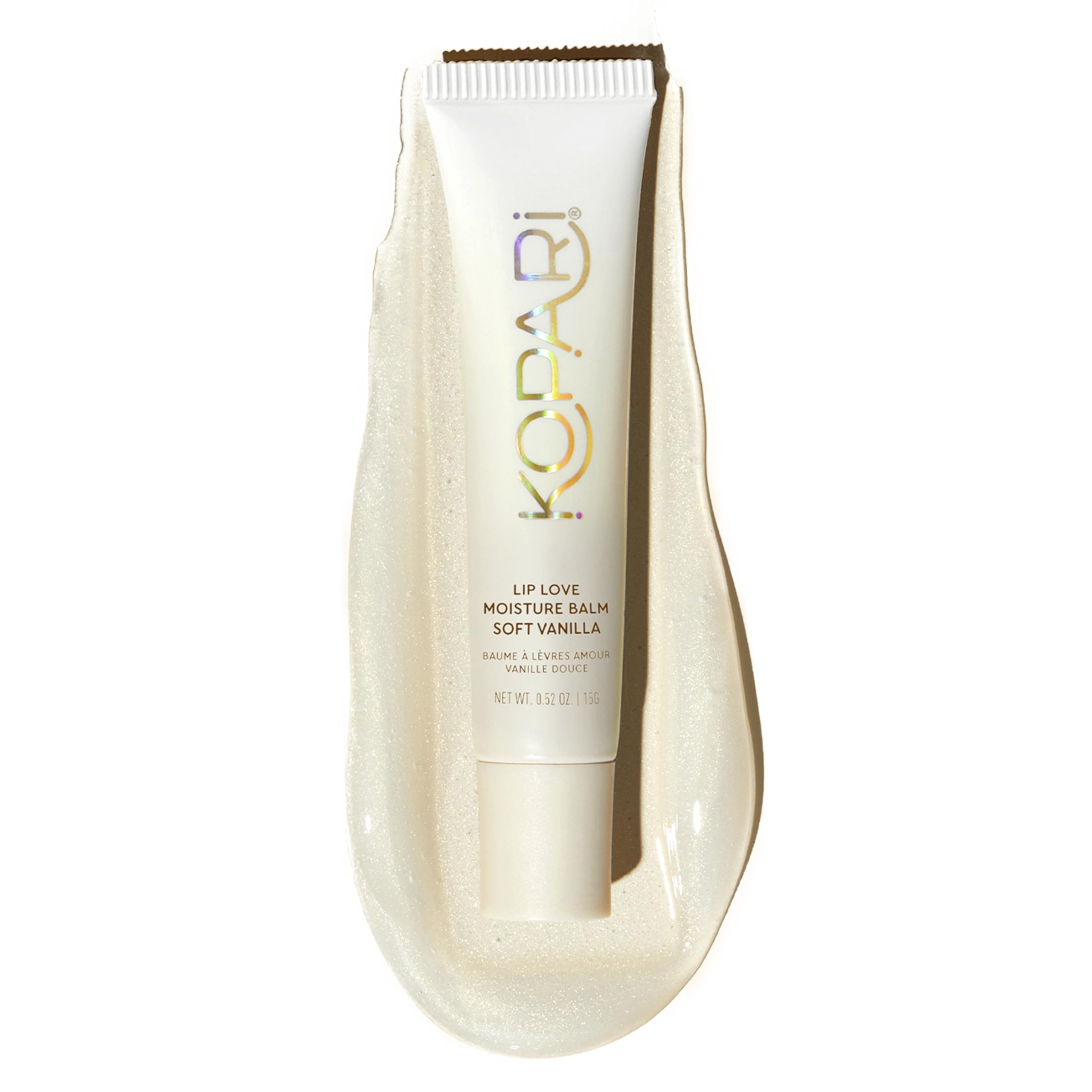 Kopari Lip Love Soft Vanilla Shimmer on lips provides subtle glow and hydration.
