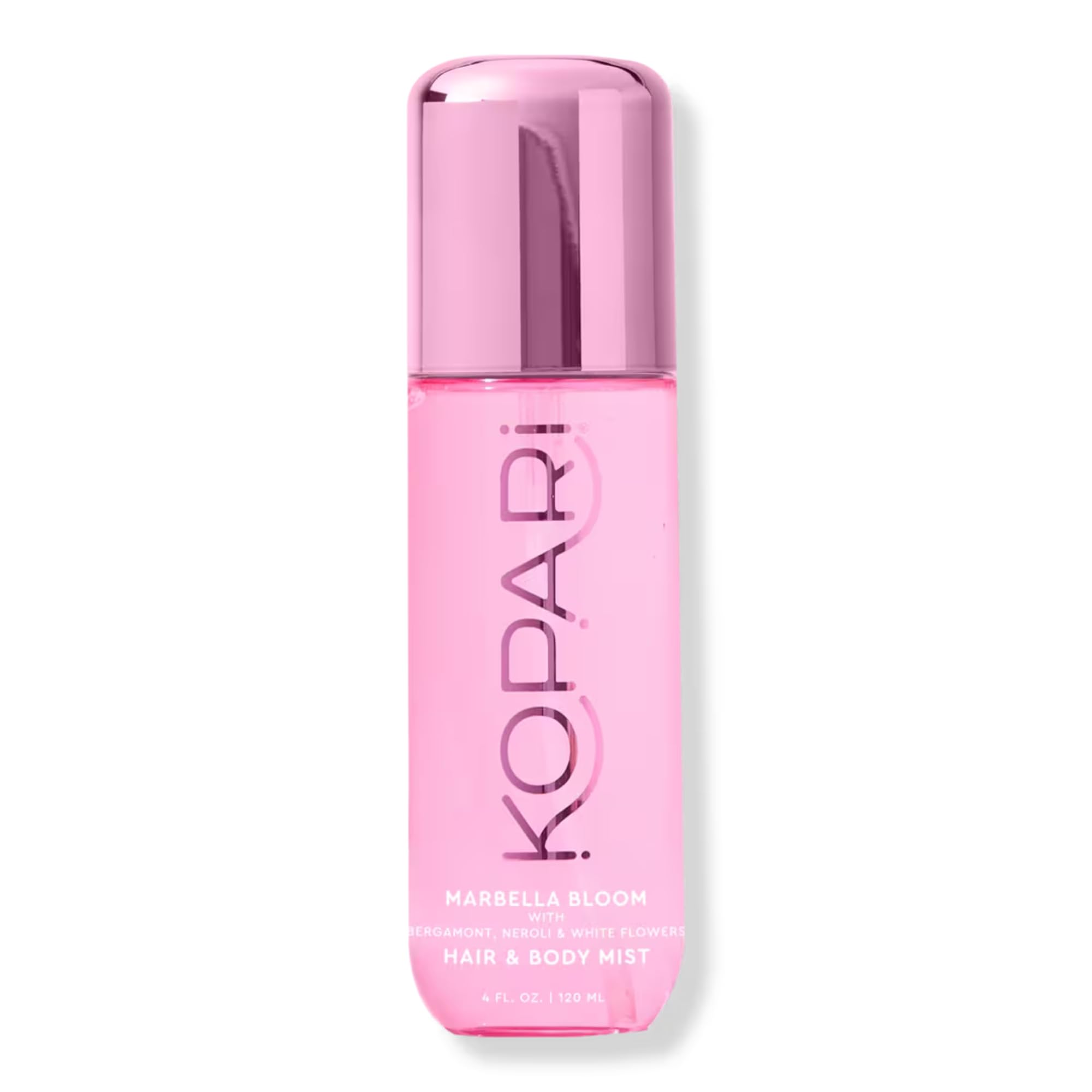 Kopari Marbella Bloom hair mist bottle on vanity for a refreshing aroma.