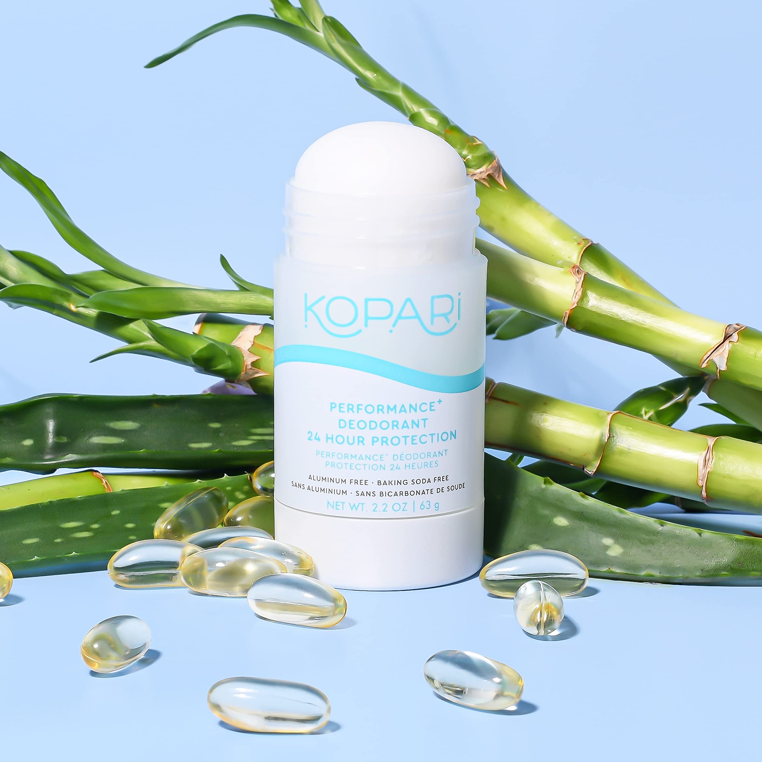 Kopari Performance Plus deodorant on skin demonstrates coconut oil-based care.