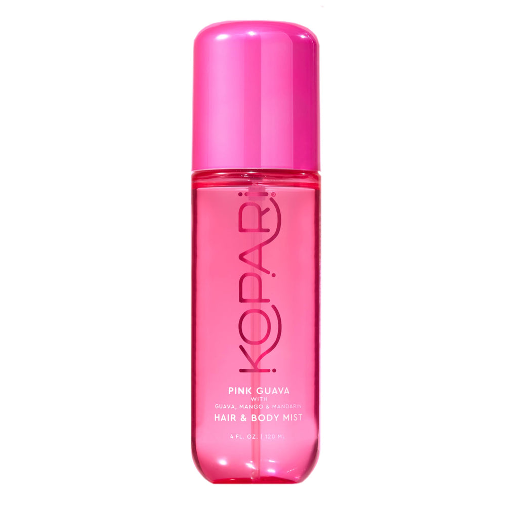Kopari Pink Guava Mist bottle shows tropical fragrance for hair and skin.