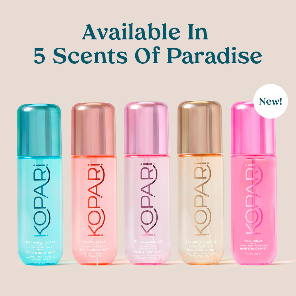Kopari Pink Guava Mist hair use demonstrates refreshing mood boost.