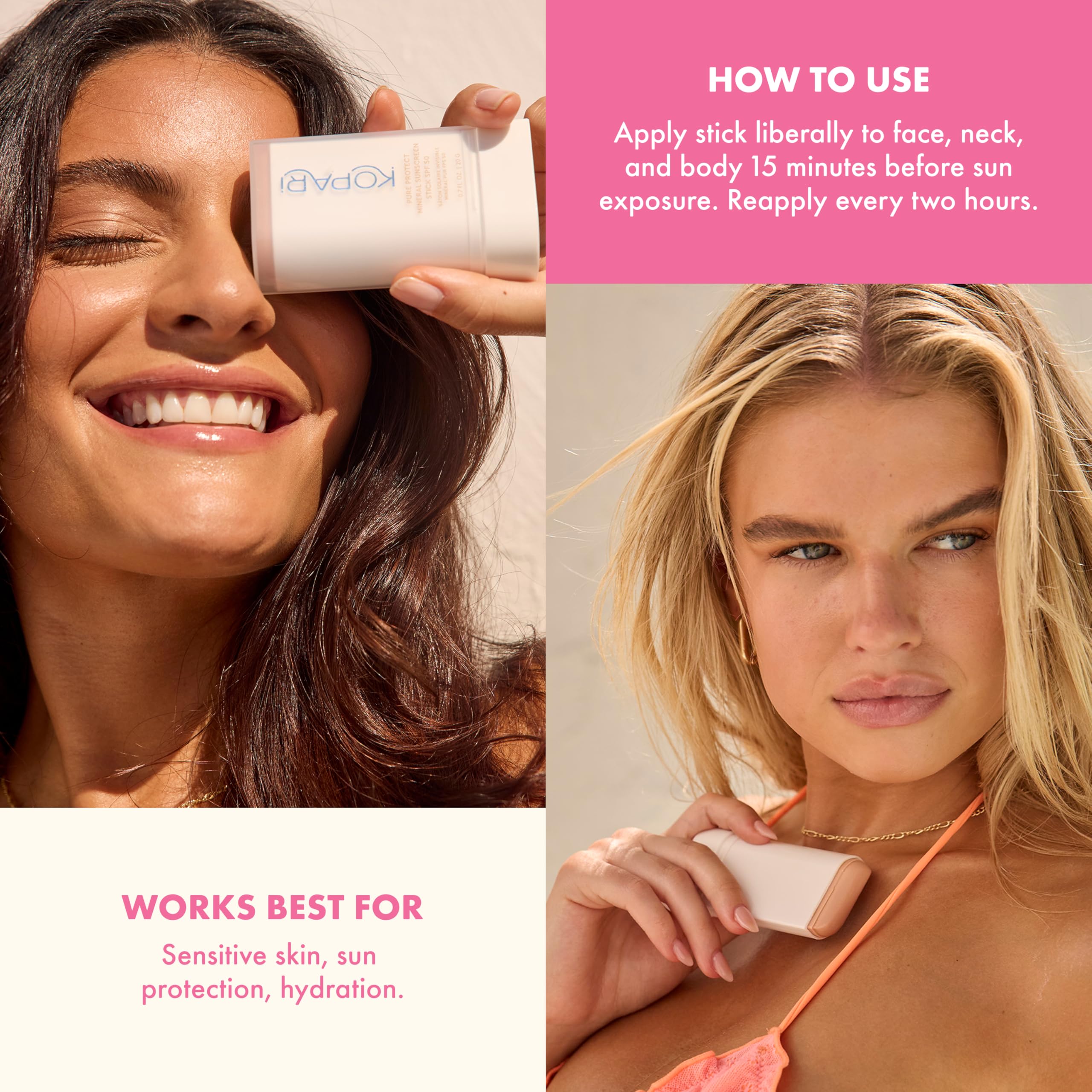 Kopari Pure Protect compact, travel-ready sunscreen stick tucked into a bag for quick touch-ups.