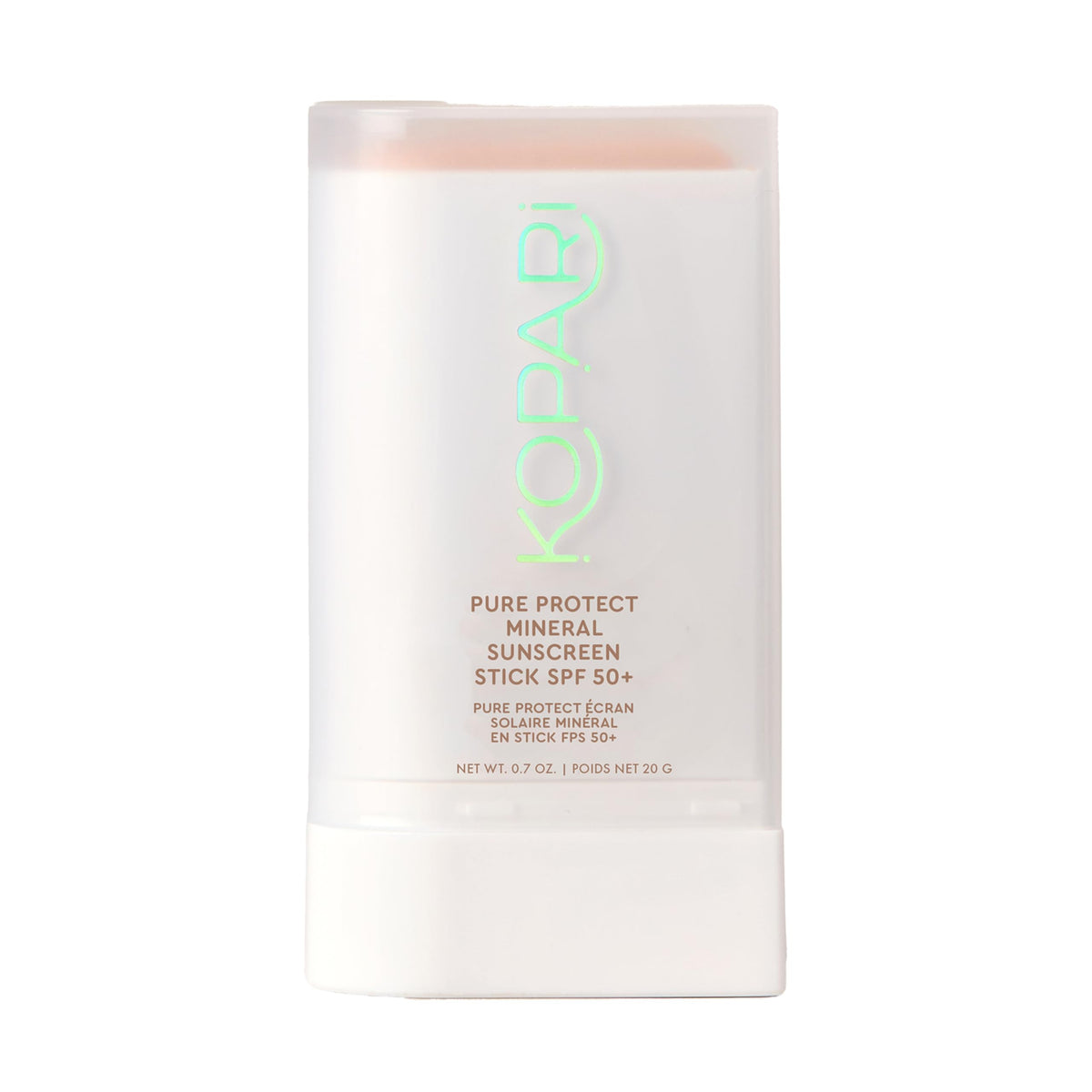 Kopari Pure Protect SPF 50+ stick applying clear sunscreen on face and body for easy protection.