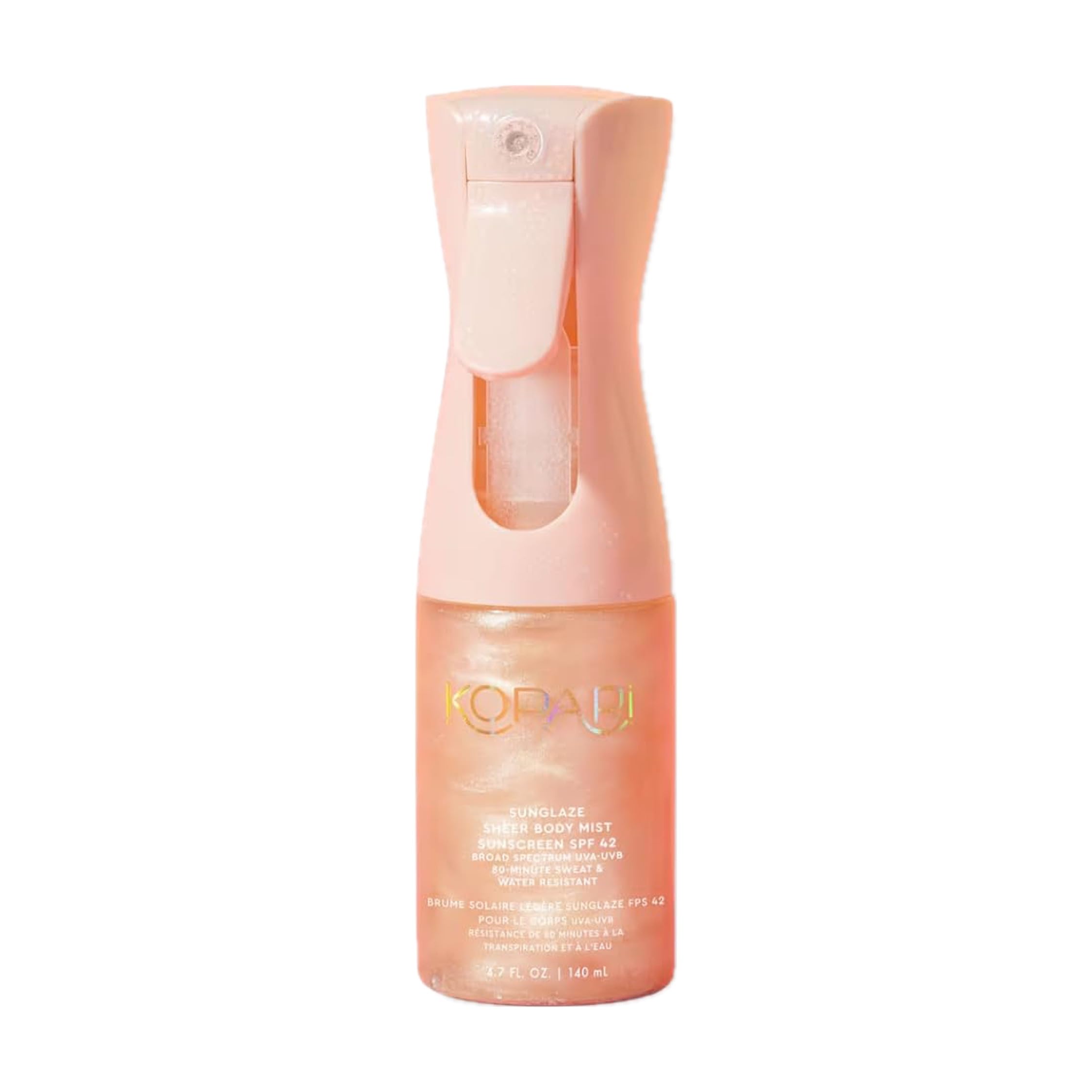 Kopari Rose Gold Sunglaze bottle front with SPF 42 for lightweight sun protection
