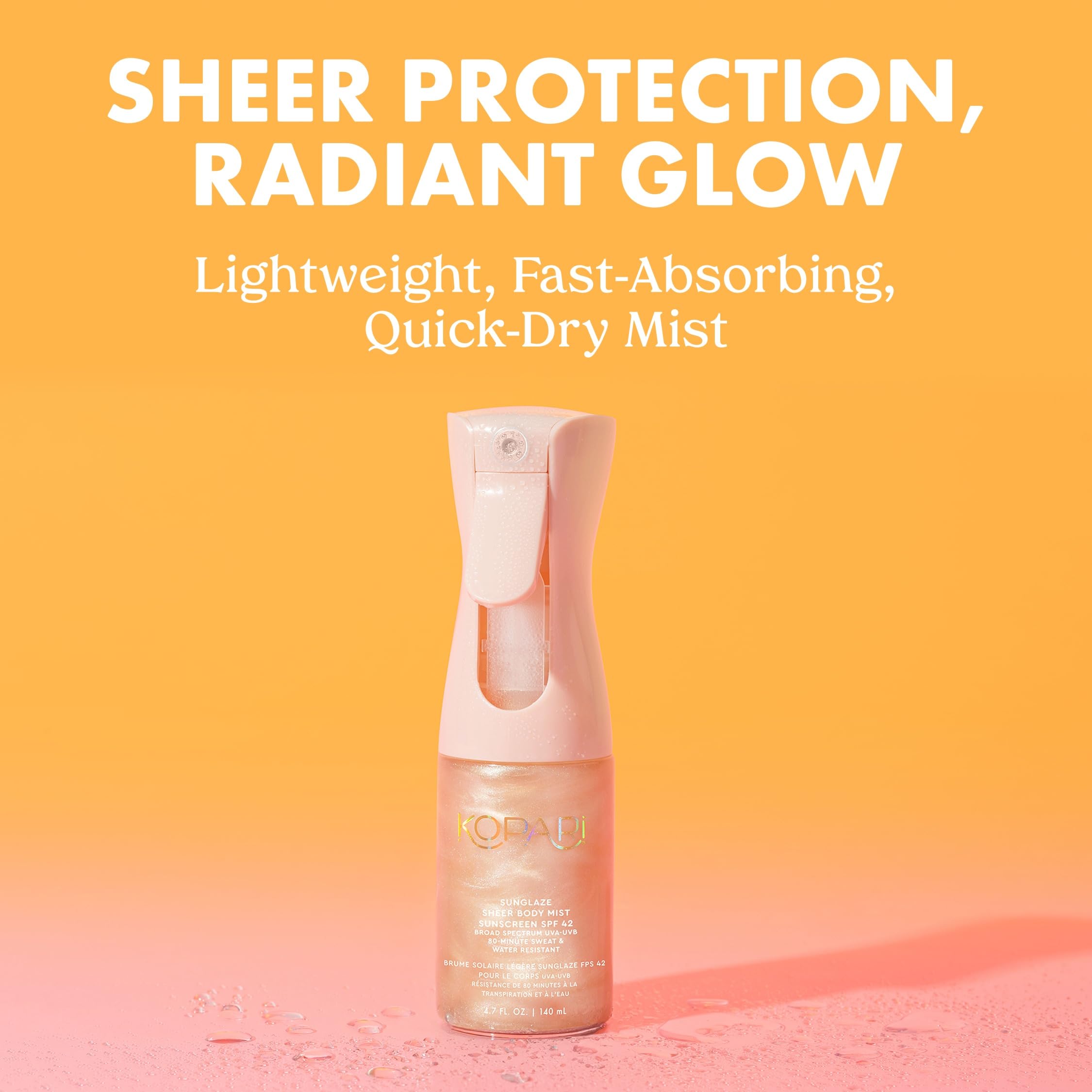 Kopari Rose Gold Sunglaze bottle spray showing quick-dry application