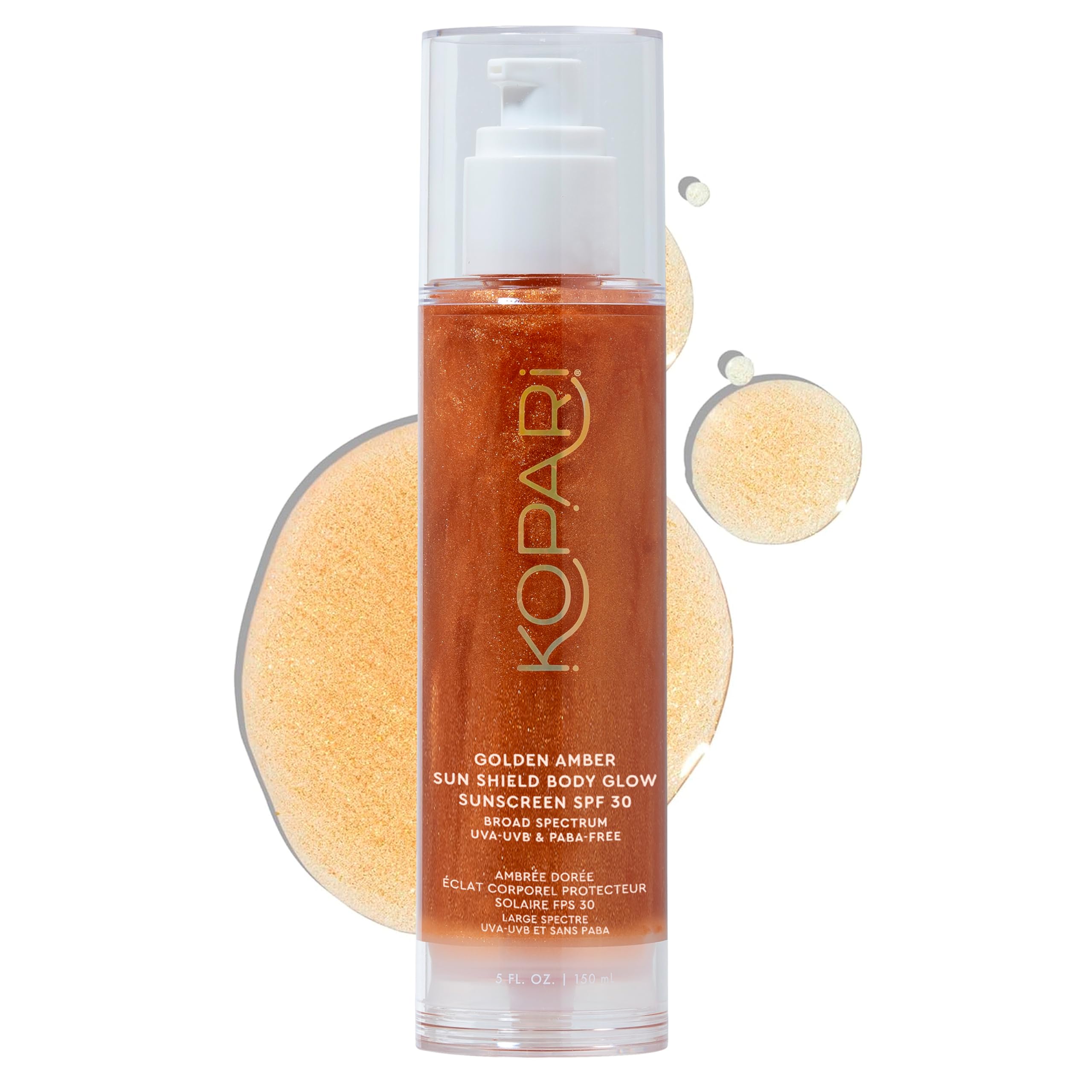 Kopari Sun Shield Body Glow bottle front showing the golden shimmer for radiant skin