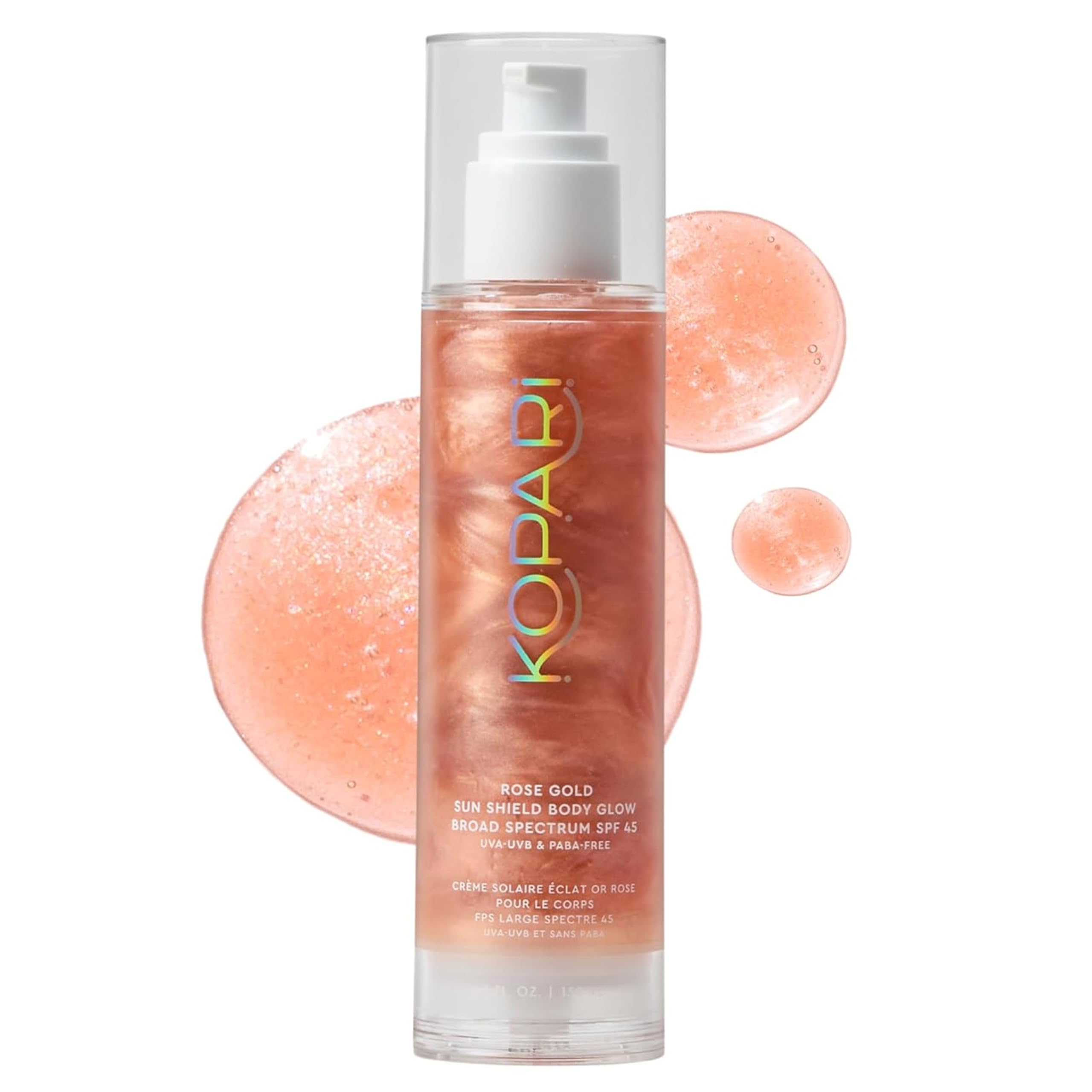 Kopari Sun Shield Body Glow bottle shows radiant SPF 45 for sun-ready skin.