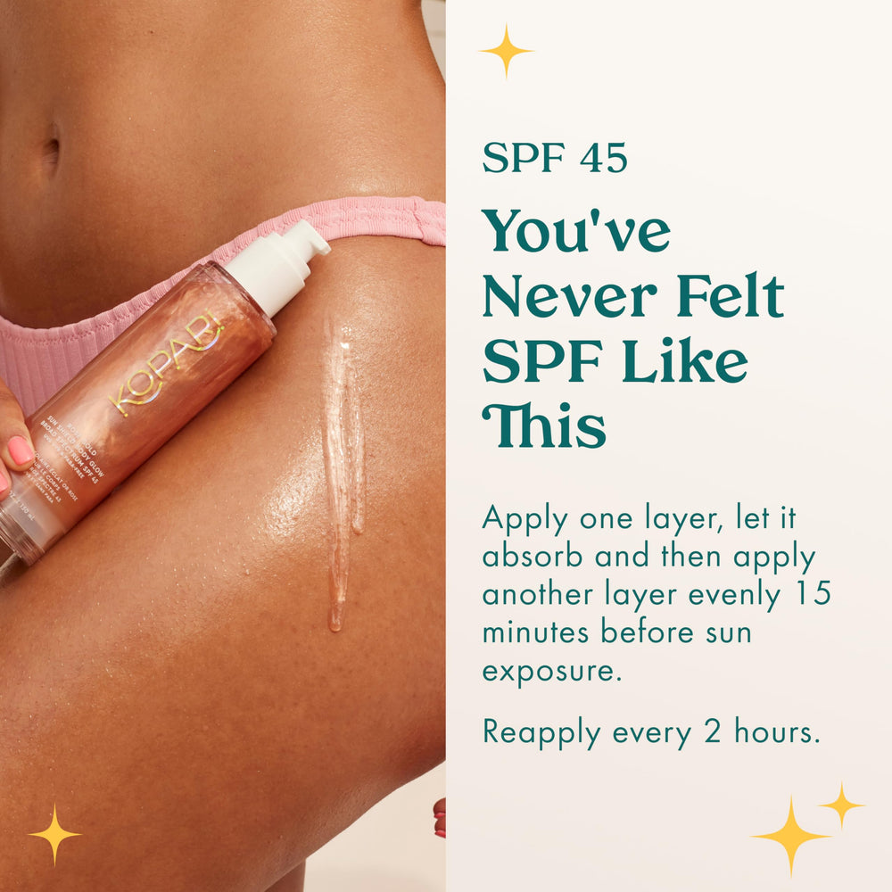 Kopari Sun Shield Body Glow quick absorption prevents sticky residue.