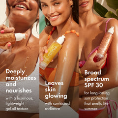 Kopari Sun Shield Body Glow with rose gold shimmer enhances glow.