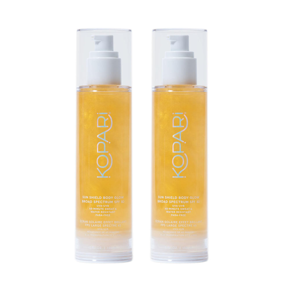 Kopari Sun Shield Body Glow SPF 50 bottle pour delivers quick absorption and radiant protection.