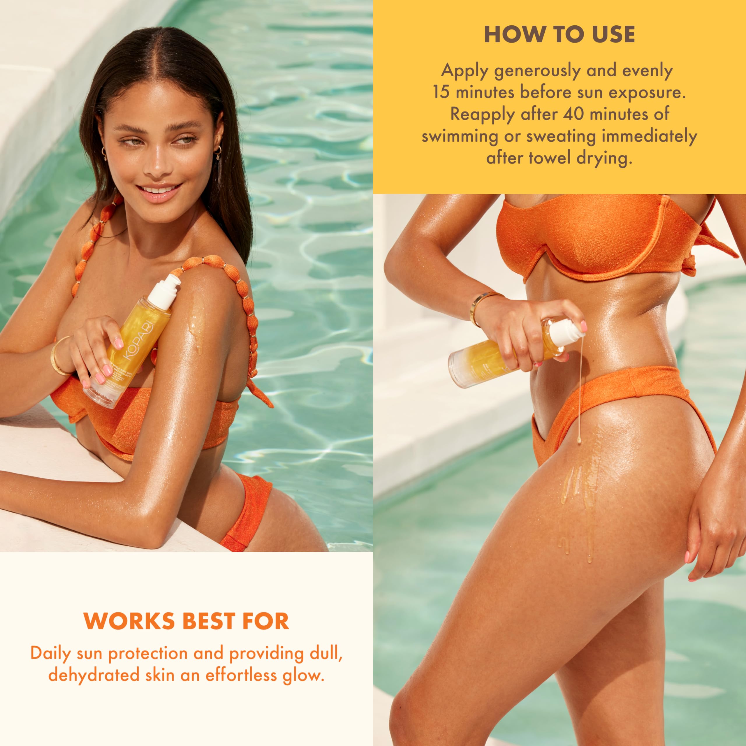 Kopari Sun Shield Body Glow SPF 50 coconut scent adds vacation vibes.