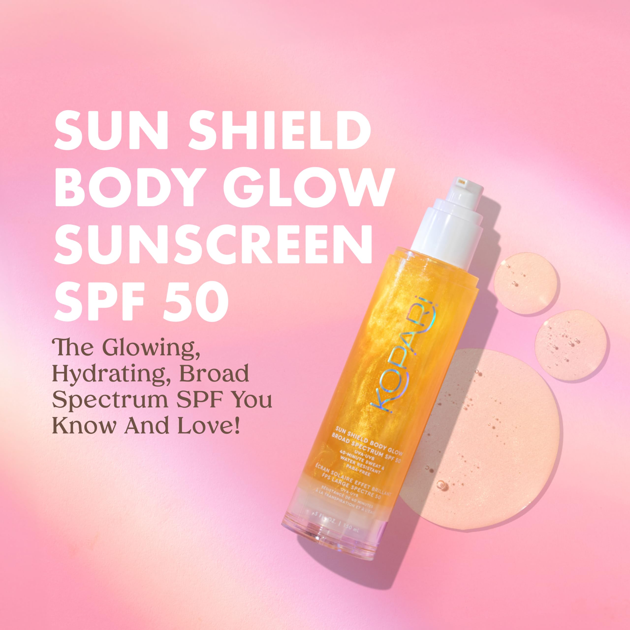 Kopari Sun Shield Body Glow SPF 50 golden glow highlights a sun-kissed shimmer.