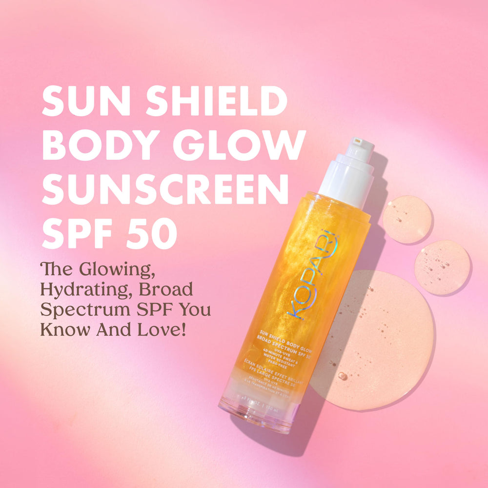 Kopari Sun Shield Body Glow SPF 50 golden glow highlights a sun-kissed shimmer.