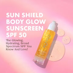 Kopari Sun Shield Body Glow SPF 50 golden glow highlights a sun-kissed shimmer.