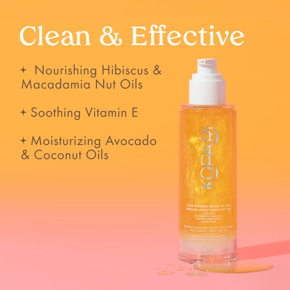 Kopari Sun Shield Body Glow SPF 50 hibiscus oil nourishes while guarding skin.