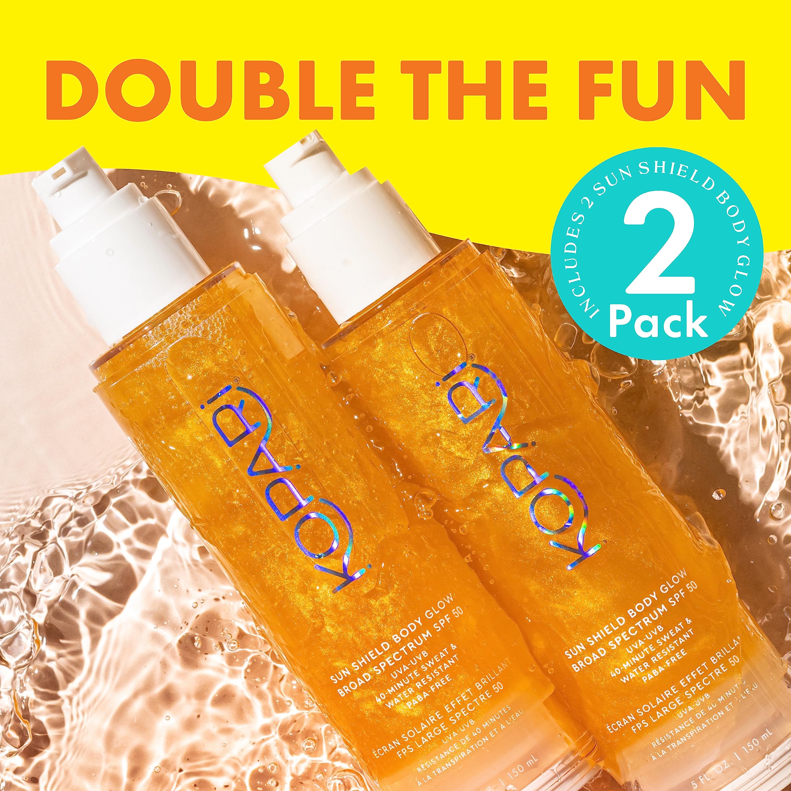 Kopari Sun Shield Body Glow SPF 50 two-pack ready for everyday use.