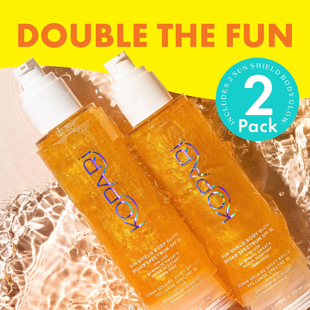 Kopari Sun Shield Body Glow SPF 50 two-pack ready for everyday use.