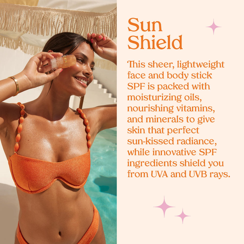Kopari Sun Shield On-The-Glow Shine from ethically sourced mica adds subtle radiance.