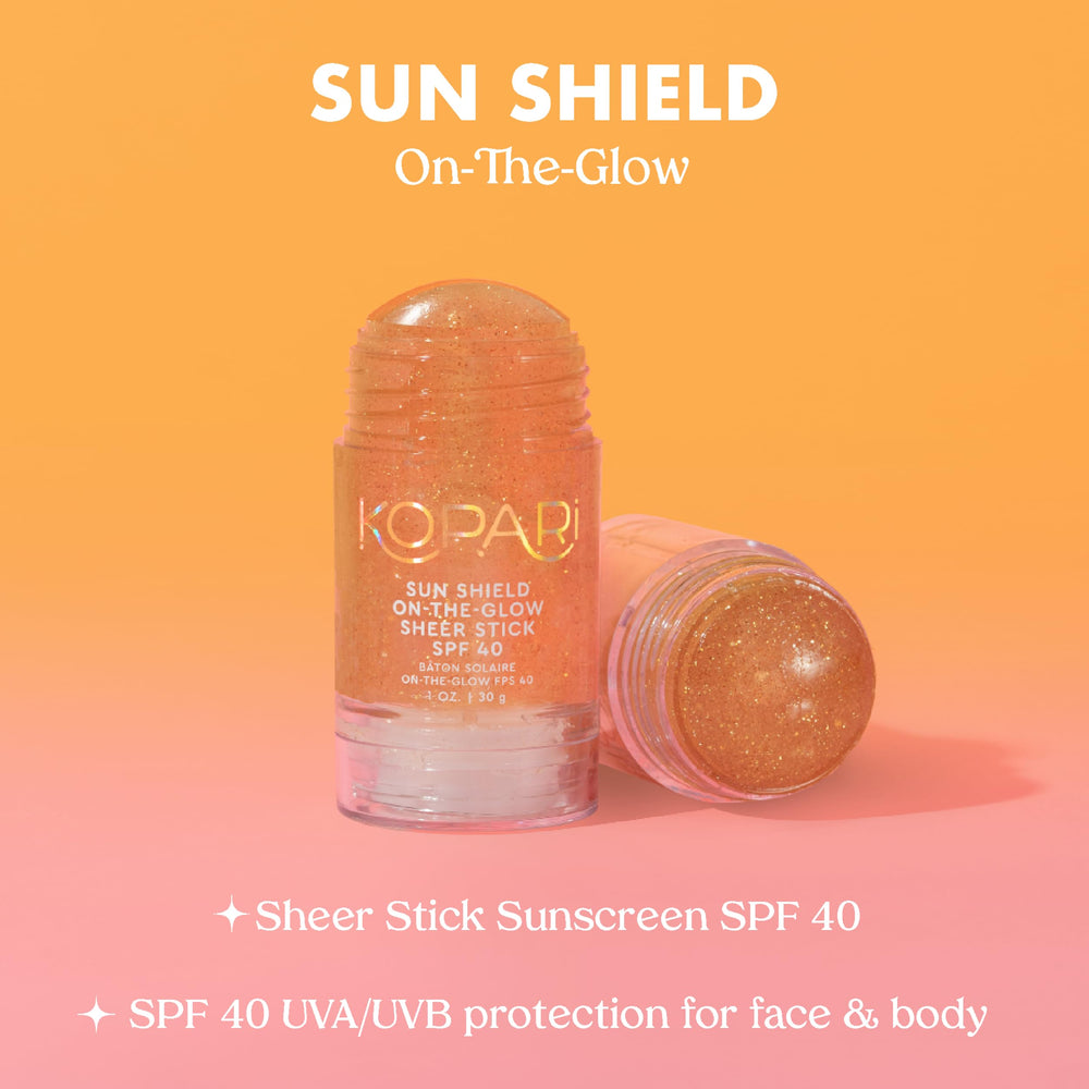 Kopari Sun Shield On-The-Glow Stick during workouts shows water resistance for active days.