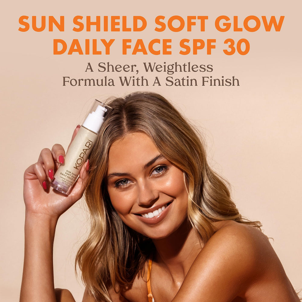 Kopari Sun Shield Soft Glow gel texture illustrates quick absorption and a dewy finish.