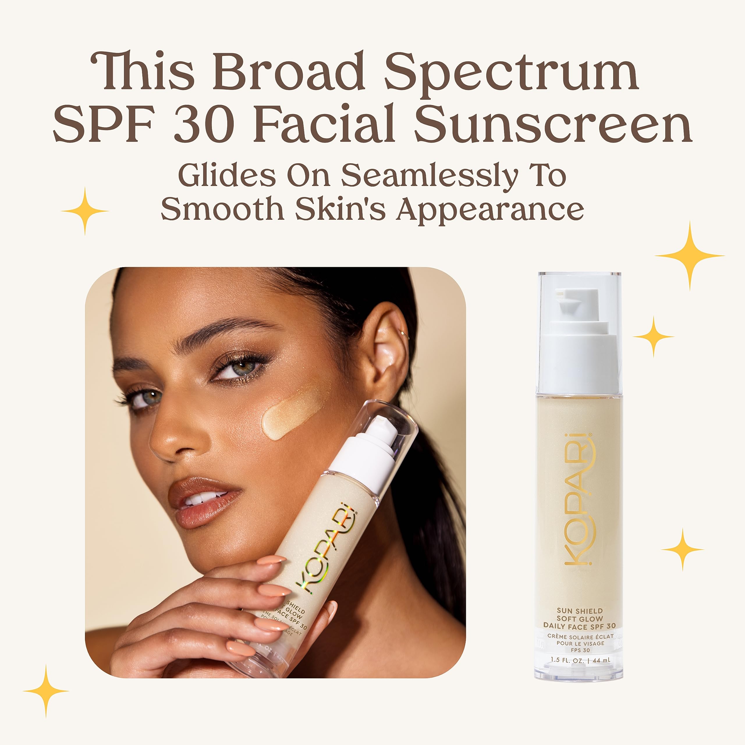 Kopari Sun Shield Soft Glow on skin demonstrates smooth application under makeup.