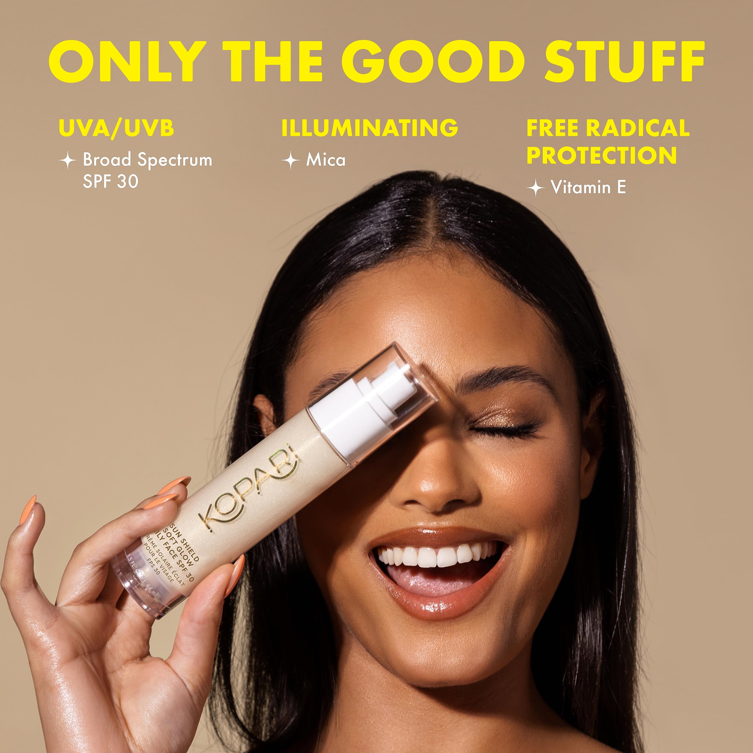 Kopari Sun Shield Soft Glow radiant finish provides natural glow without white cast.