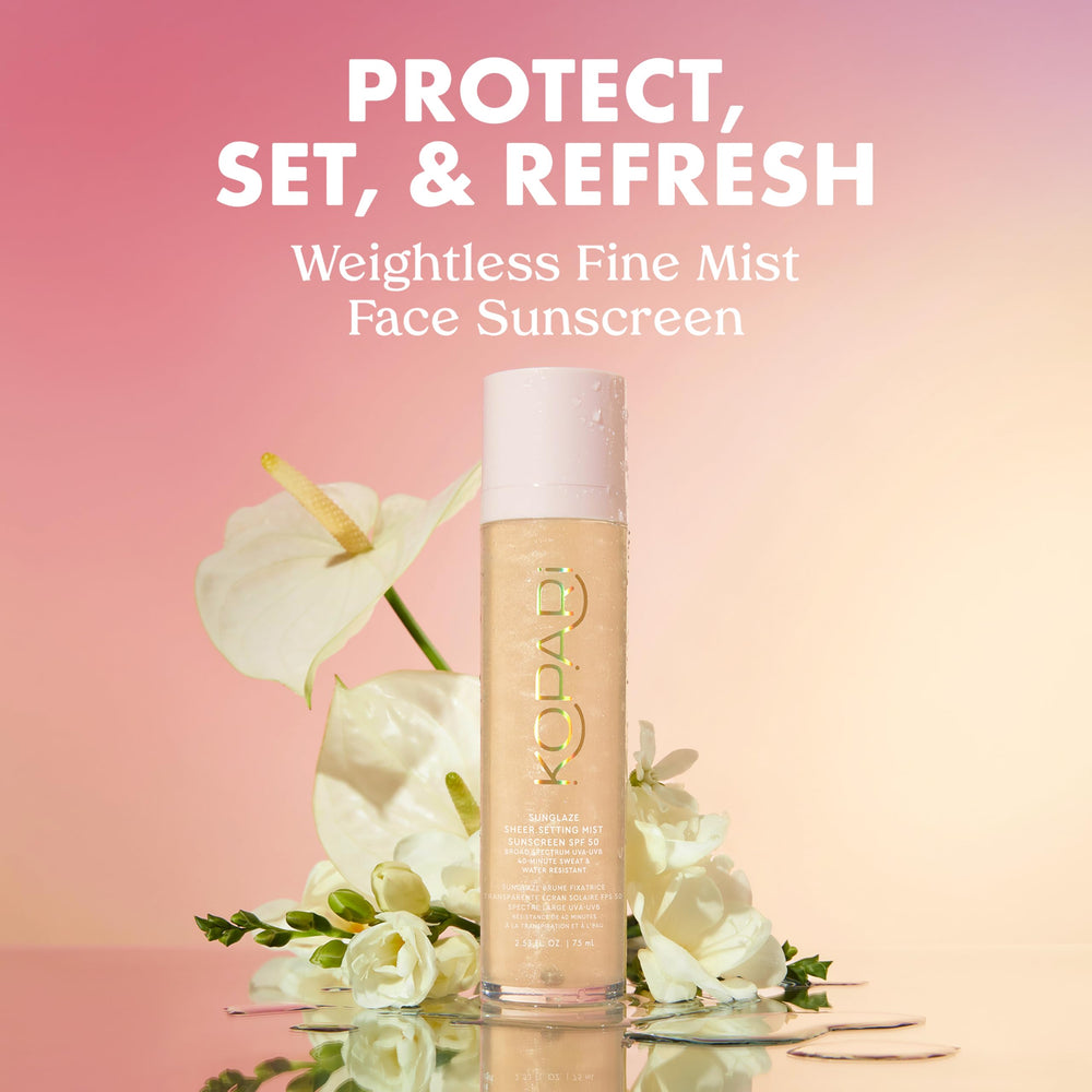 Kopari Sunglaze setting mist application shows easy makeup setting with hydration.