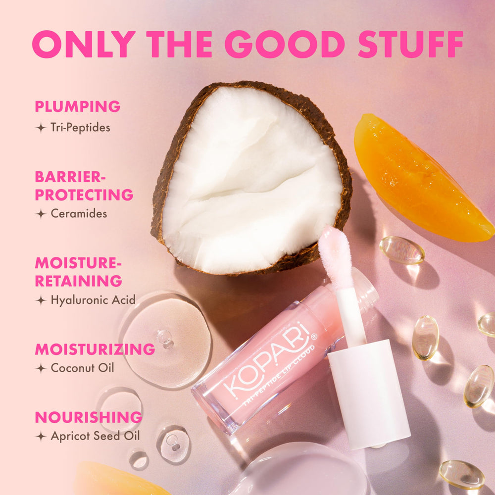 Kopari Tri-Peptide Lip Cloud on lips delivers moisture and a softly conditioned finish.