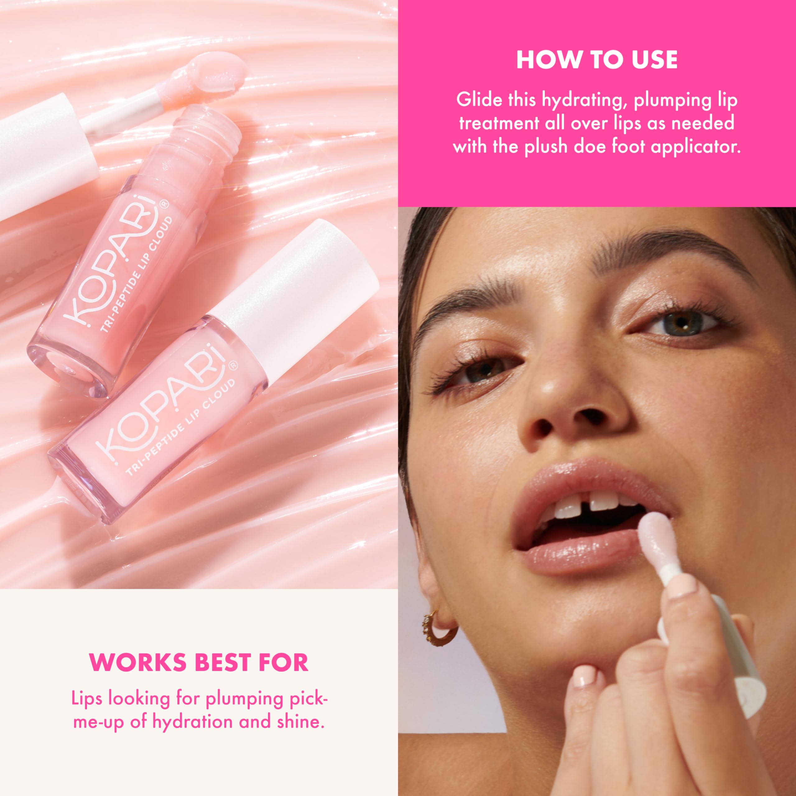 Kopari Tri-Peptide Lip Cloud packaging highlights premium ceramides and hyaluronic acid formula.