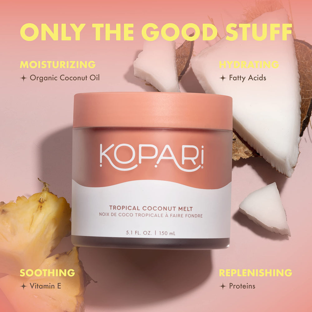Kopari Coconut Melt bottle with pump illustrating body moisturizer and makeup remover use