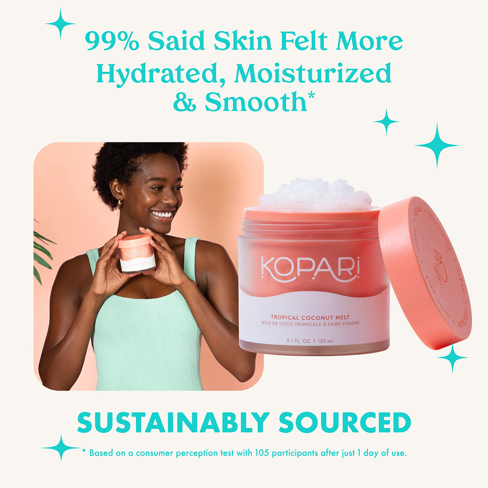Kopari Coconut Melt application on skin demonstrates lightweight moisture for daily use