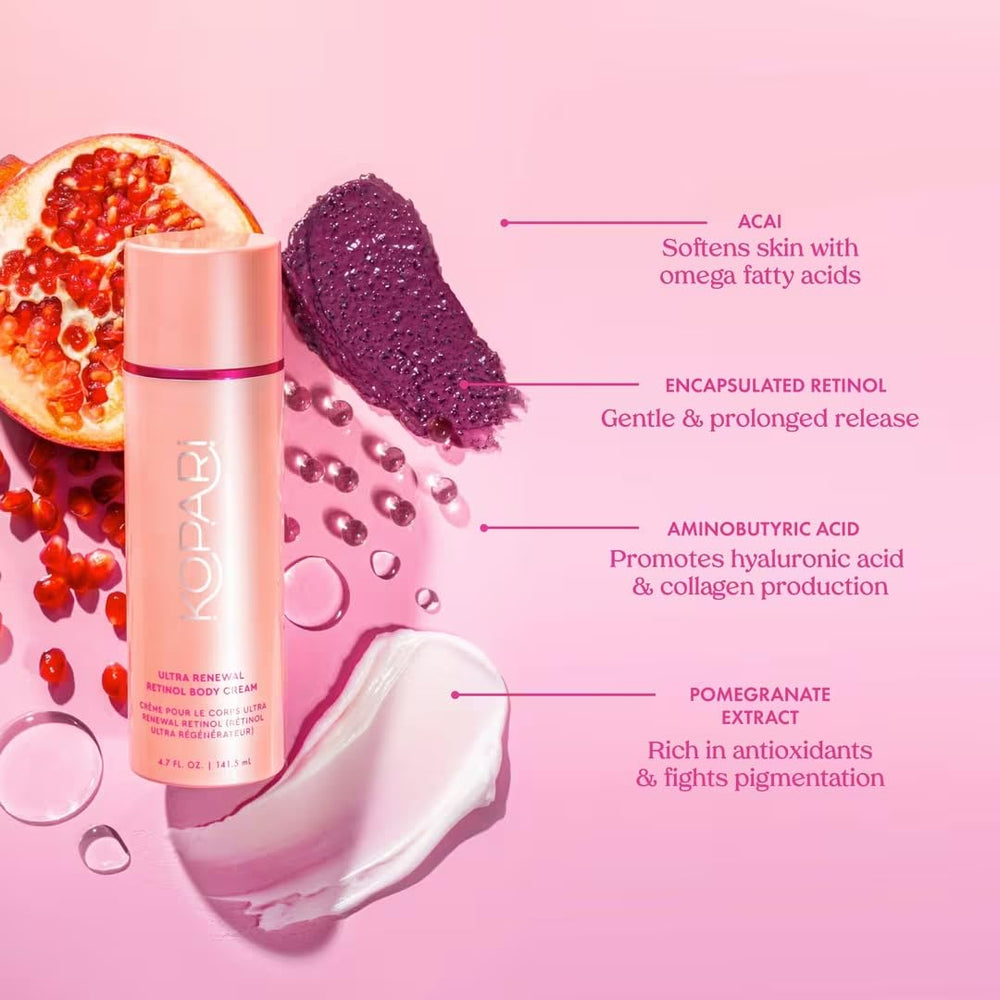 Kopari Ultra Renewal Retinol Body Cream with acai and pomegranate for antioxidant protection.