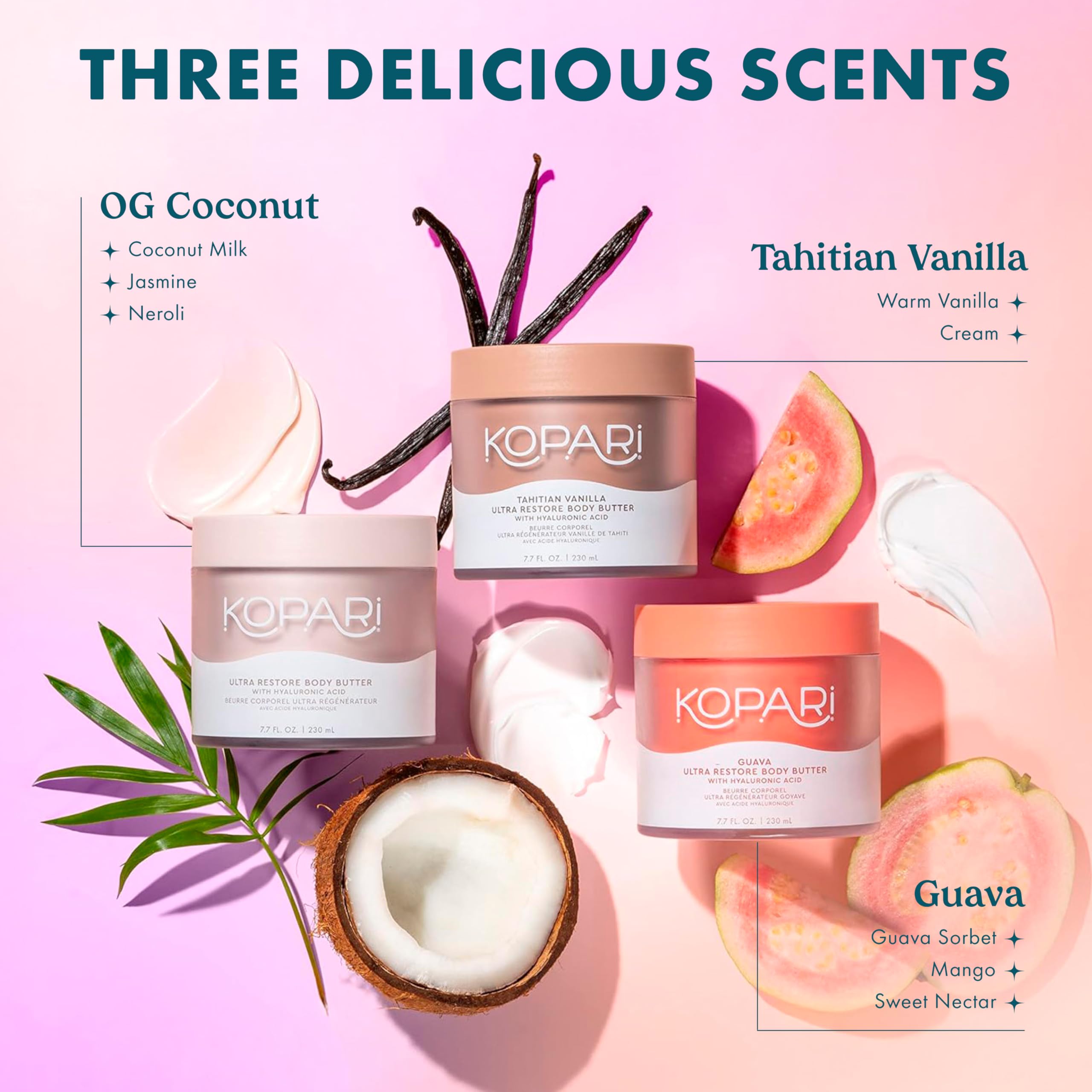 Kopari Ultra Restore Butter leaves a tropical guava scent during daily routines
