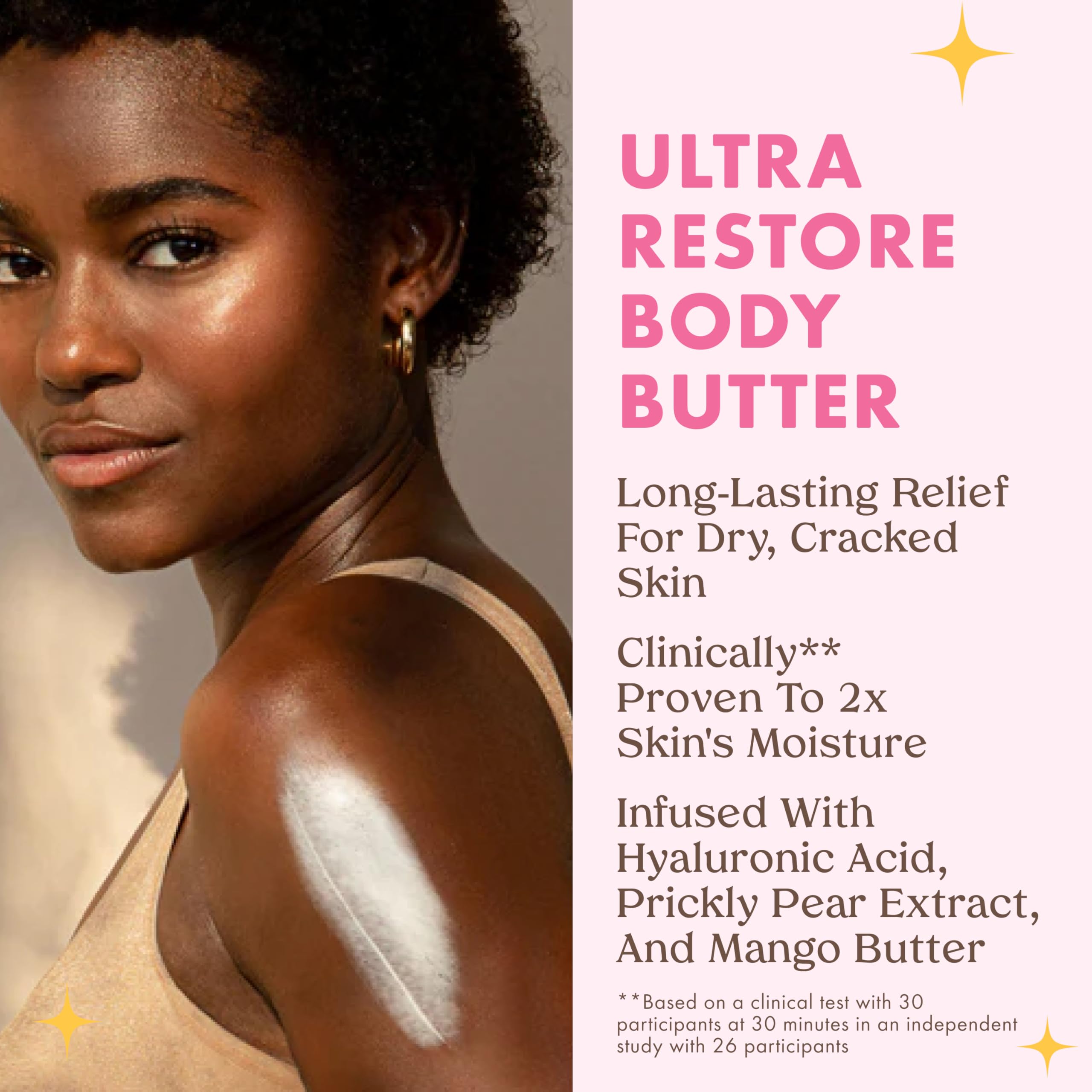 Kopari Ultra Restore Butter close-up highlights hyaluronic acid and mango seed butter benefits for moisture.