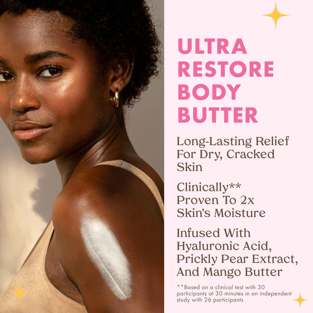 Kopari Ultra Restore Butter close-up highlights hyaluronic acid and mango seed butter benefits for moisture.