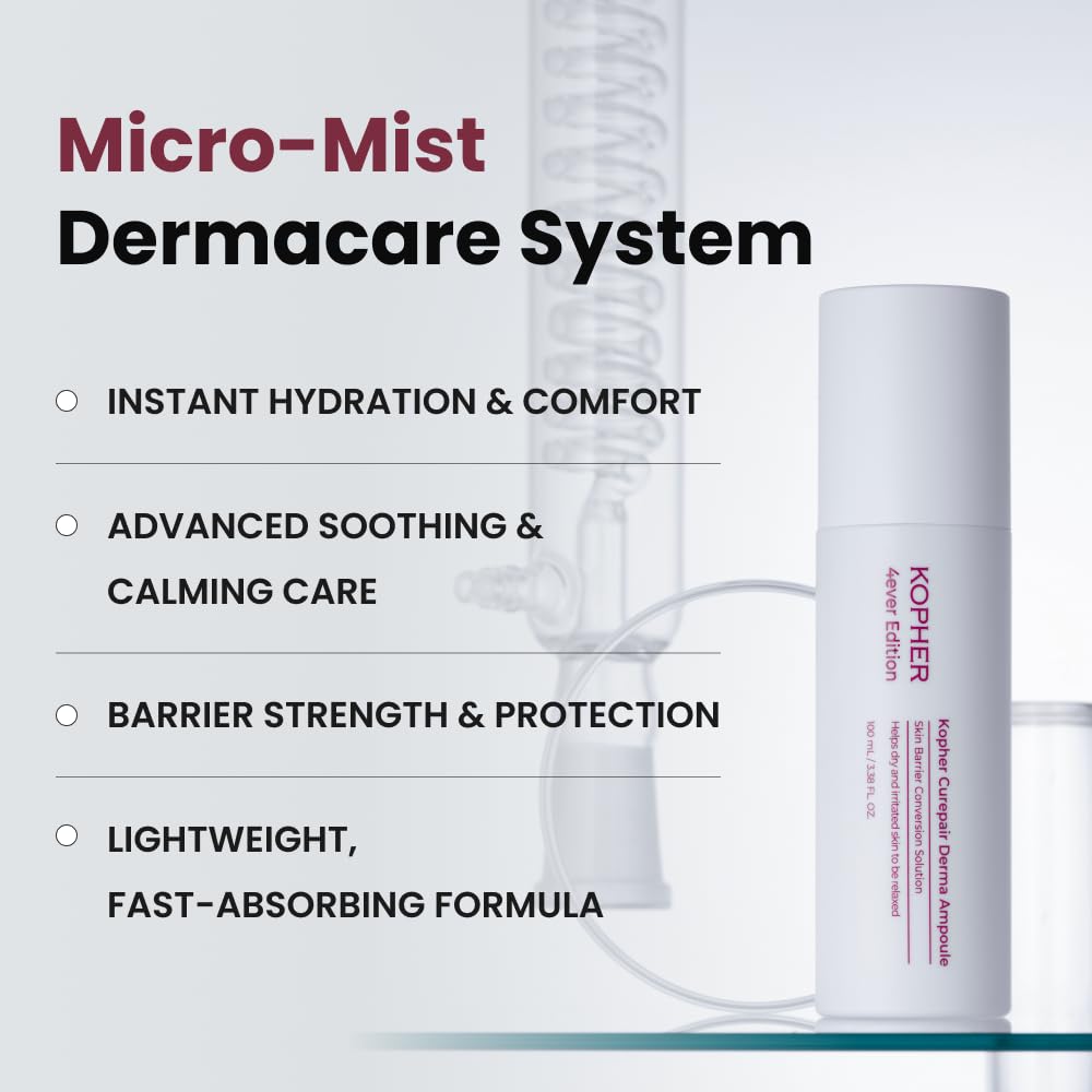 Kopher Curepair Derma Ampoule Mist being misted on skin for targeted renewal.