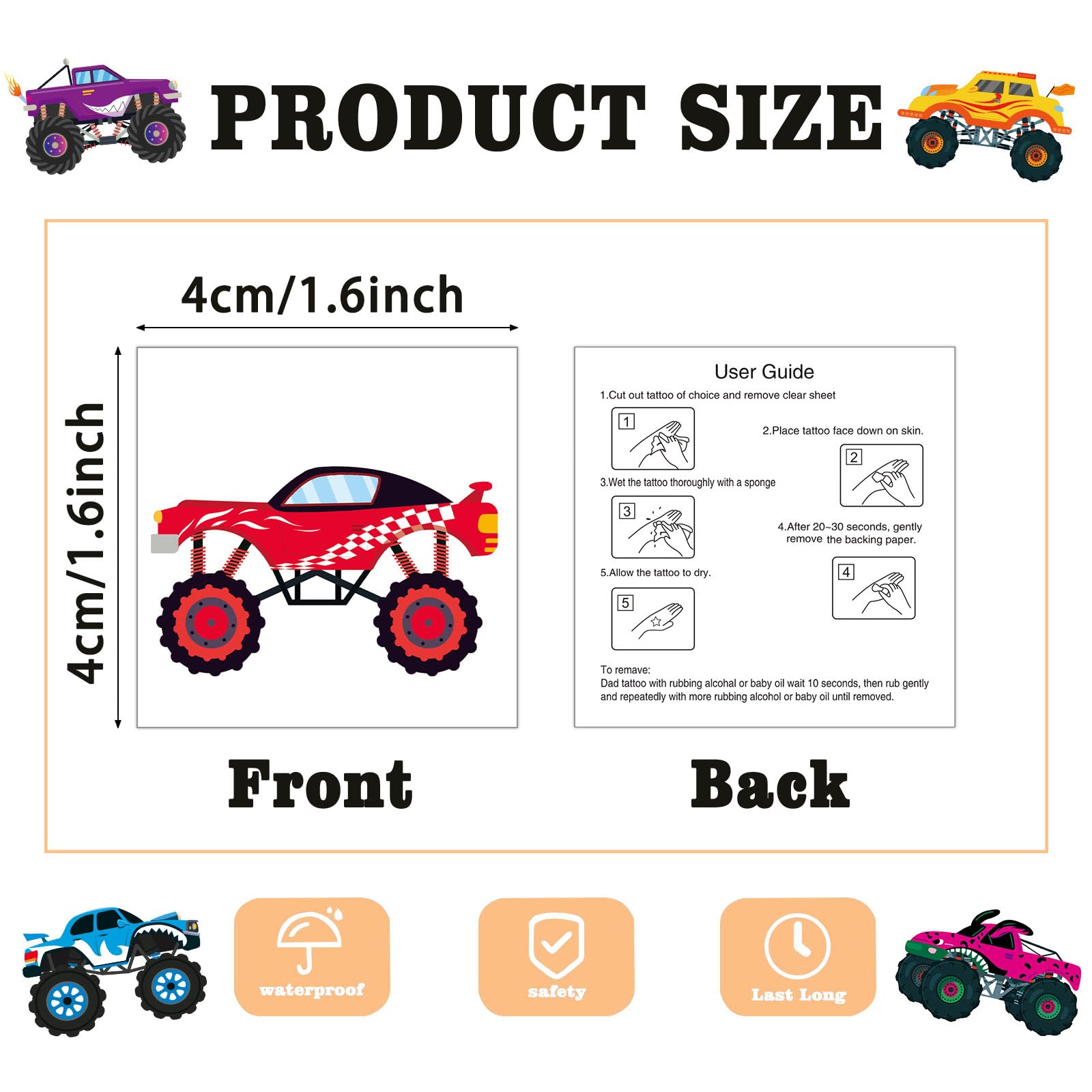 Kopokita Monster Truck Tattoo pattern 04 is pre-cut for quick application.